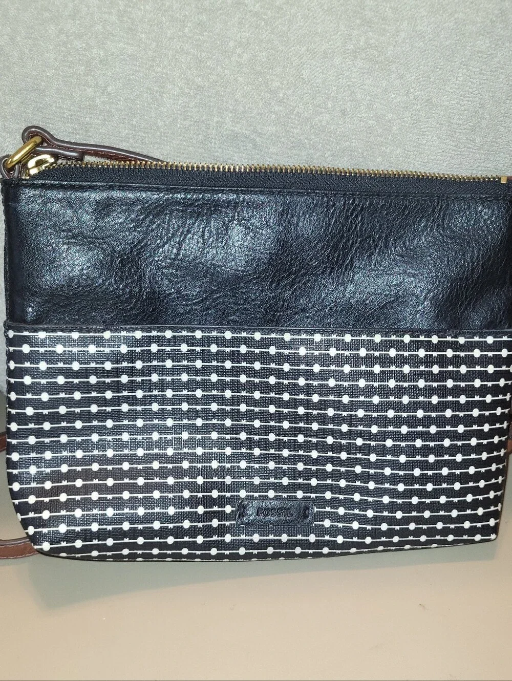 Fossil Black & White Patterned Crossbody with Brown Strap.